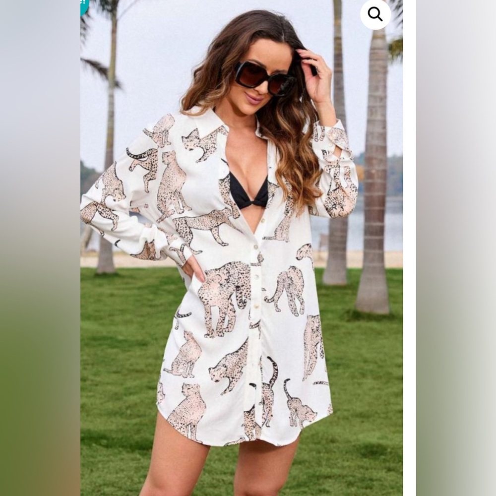 Cupshe White Asymmetrical Button-Down Dress with Leopard Print